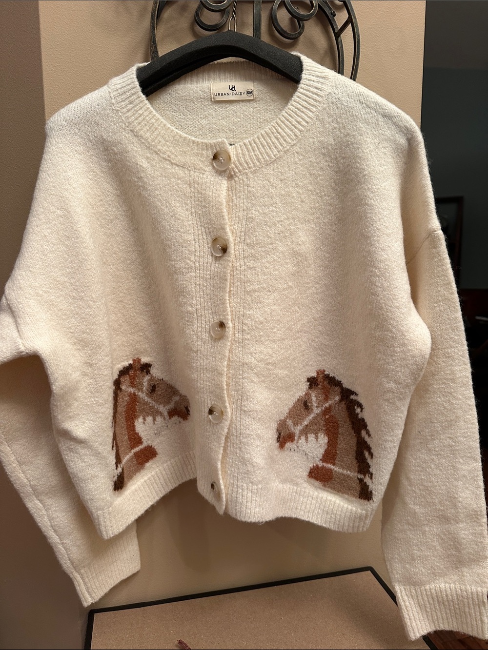 Urban Oasis Cream Horse-Intarsia Button Cardigan
